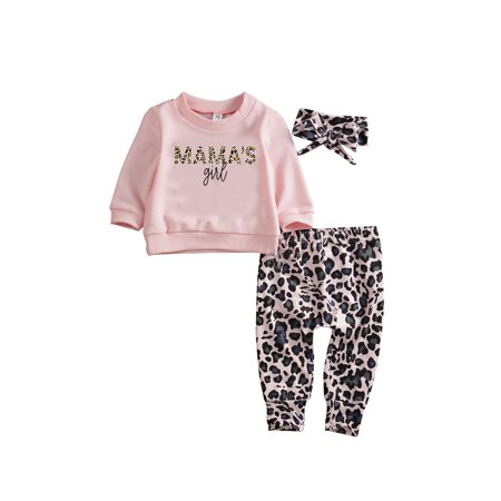 LA HIEBL Baby Girl Long Sleeve Letter Printed Top T-shirt Leopard Printed Pants Outfit Set