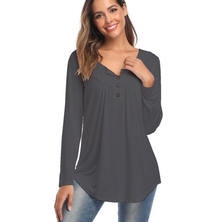 Women S New Style V-neck Button Long-sleeved Solid Color Loose T-shirt OLRIK 5588
