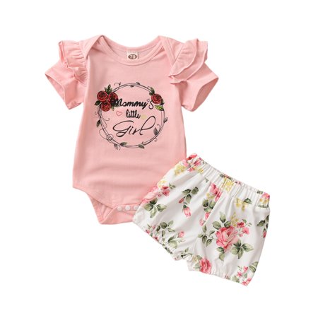 LA HIEBLA Newborn Baby Girls 2-piece Outfit Set Letter Print Romper+Shorts