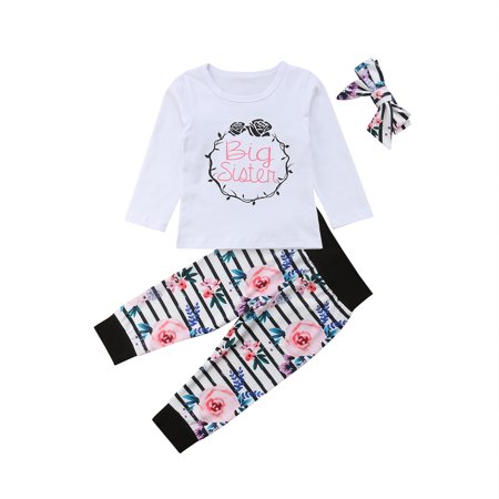 LA HIEBLA Newborn Kid Baby Girl Romper Little Sister Tops Floral Pants Headband Outfit Set