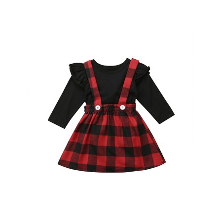 LA HIEBLA Toddler Baby Girls T-shirt Top Plaids Skirt Set Kids Christmas Dress