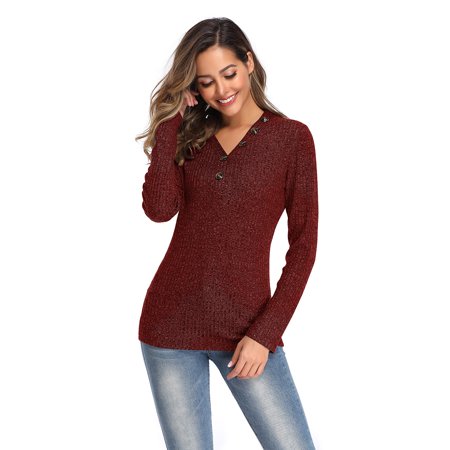 Women's V-neck Button Sweater Long Sleeve Slim Fit Solid Color Pullover OLRIK 5509