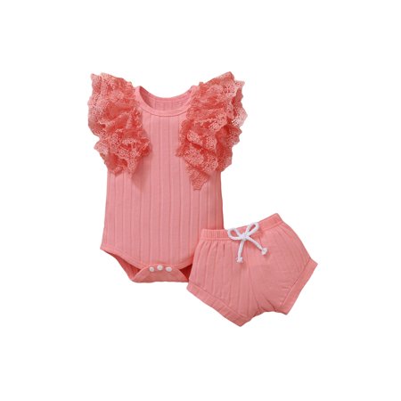 LA HIEBLA Newborn Infant Baby Girls Ruffle Shorts Set, Lace Flutter Sleeve Romper Shorts Summer 2 Piece Outfits