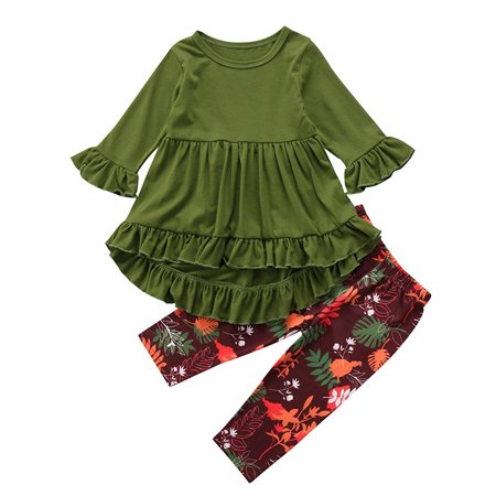 LA HIEBLA 2PCS Kids Baby Girls Ruffle T-shirt Tops Dress+Floral Pants Leggings Outfits Set