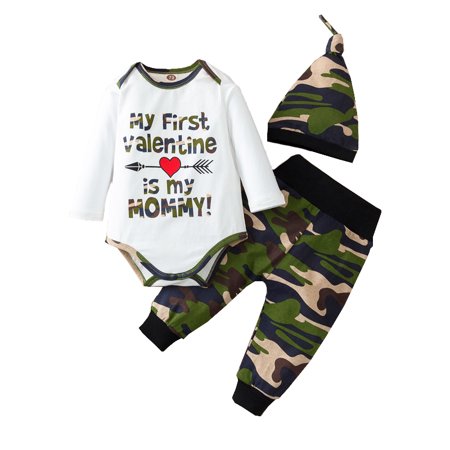 LA HIEBLA 3Pcs Baby Boys My 1st Valentine's Day Romper Tops Camo Pant Hat Set