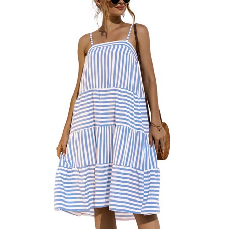 Avamo Women Casual Sleeveless Tunic Dress Buffalo Plaid Beach Party Flowy Swing Dress Loose Baggy Sundress Blue S=US 4-6