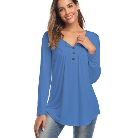 Women's New Style V-neck Button Long-sleeved Solid Color Loose T-shirt OLRIK 5588
