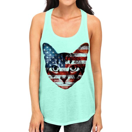 Junior S American Flag Cat B759 Mint Green Racerback Tank Top Small