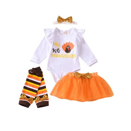 LA HIEBLA Thanksgiving Day Baby Girls Outfits Letter Romper Turkey Sequin Bow Skirt Headband Leg Warmer Set