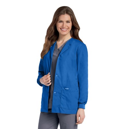 Landau Essentials 4 Pocket Scrub Jacket for Women: Classic Relaxed Fit, Crew Neck, Snap Front, and Knit Cuffs 7525
