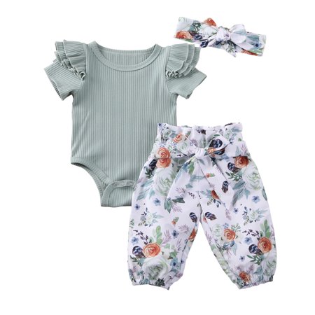 LA HIEBLA 3Pcs Baby Outfit Set Girl Ruffle Short Sleeve Ribbed Romper + Floral Pants + Bow Headband
