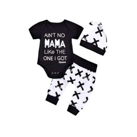 LA HIEBLA Baby Boys Romper Long Pants Hat 3Pcs Set Short Sleeve Cotton Clothes