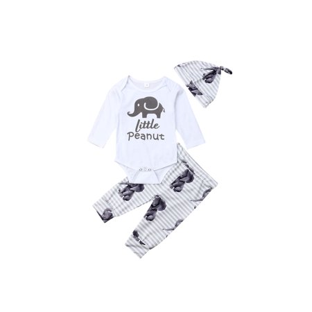 LA HIEBLA Newborn Baby Boys Cute Elephant Print Romper Bodysuit Pant Hat Clothes Set