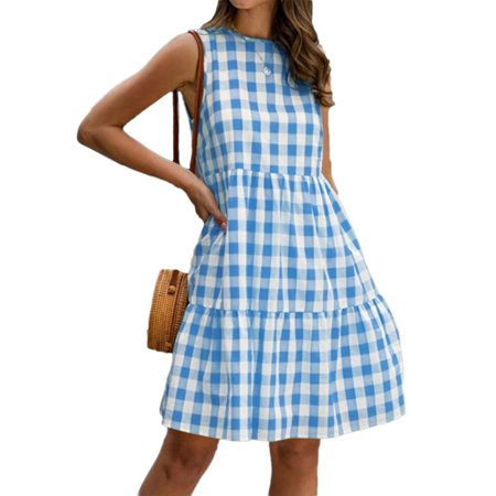 Sexy Dance Women Buffalo Plaid T Shirt Dress Sleeveless Summer Beach Loose Tunic Skated Swing Dresses Light Blue M=US 6-8