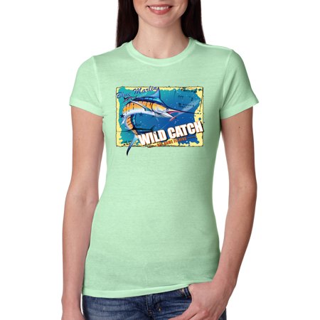 Blue Marlin Wild Catch Big Game Fishing Womens Slim Fit Junior Tee, Mint, Large