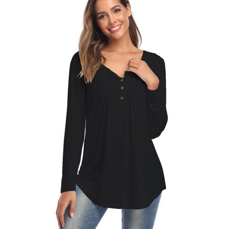 Women S New Style V-neck Button Long-sleeved Solid Color Loose T-shirt OLRIK 5588