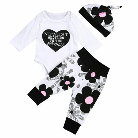 LA HIEBLA Baby Boy Girl Floral Outfits Long Sleeve Romper Pants Leggings Hat 3Pcs Set