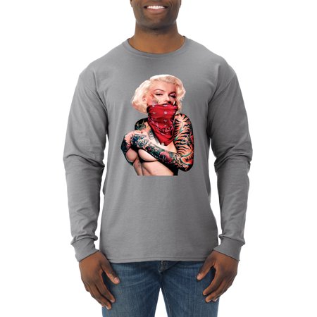 Marilyn Monroe Tattooed Face with Red Bandana  Mens Pop Culture Long Sleeve T-Shirt, Heather Grey, Small