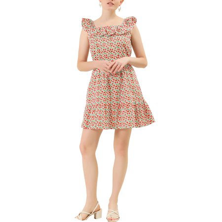 Allegra K Junior S Floral Print Ruffle Scoop Neck Sleeveless Cinched Waist Collar Dress