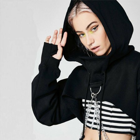 Meihuida Women Gothic Punk Hooded Sweatshirt Long Sleeve Cropped Tops