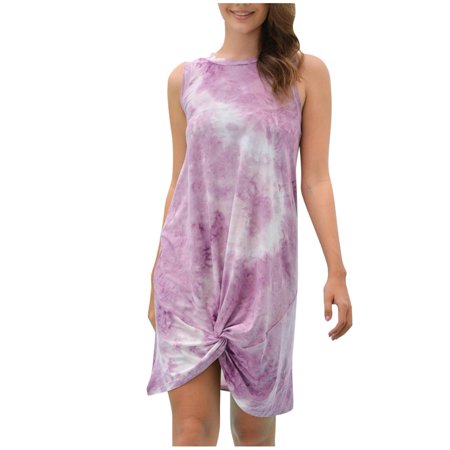 Women Round Neck Real Shot Sleeveless Charming Tie-Dye Dress