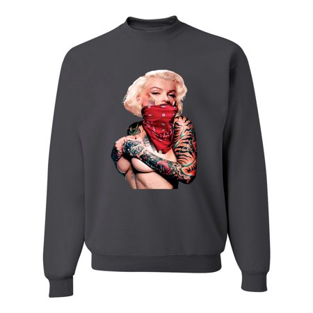 Marilyn Monroe Tattooed Face with Red Bandana Mens Pop Culture Crewneck Graphic Sweatshirt, Charcoal, 3XL