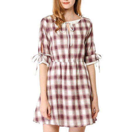 Allegra K Junior S Plaid Tie Keyhole Neck Half Sleeves a-Line Dress
