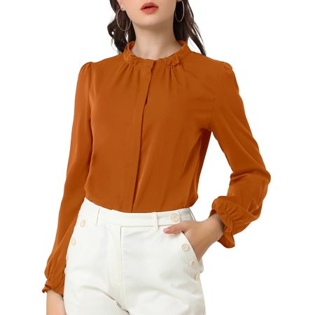 Allegra K Junior S Chiffon Button Down Ruffled Stand Collar Blouse