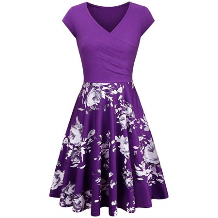 Women S Elegant Commuting Summer Fashion Floral Print Stitching Slim-Fit Large Swing Dress