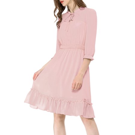 Allegra K Juniors Layered Ruffle Hem 3/4 Sleeves Smocked a-Line Chiffon Dress