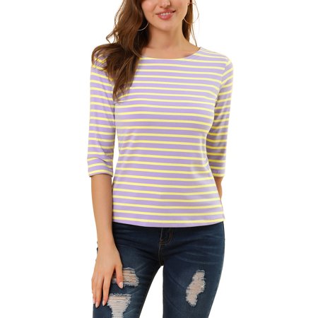 Allegra K Women S Casual Boat Neck Elbow Sleeves Slim Fit Stripes T-Shirt