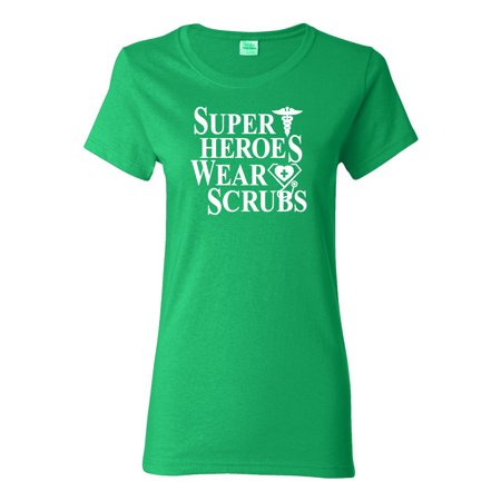 Super Heroes Wear Scrubs Nurse Essential First Responder  Womens Pop Culture T-Shirt, Kelly, Medium