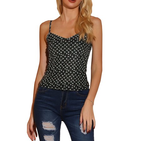 Allegra K Junior S V Neck Daisy Semi Sheer Adjustable Strap Tank Top