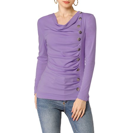 Allegra K Women S Cowl Neck Buttons Decor Long Sleeves Ruched Blouse