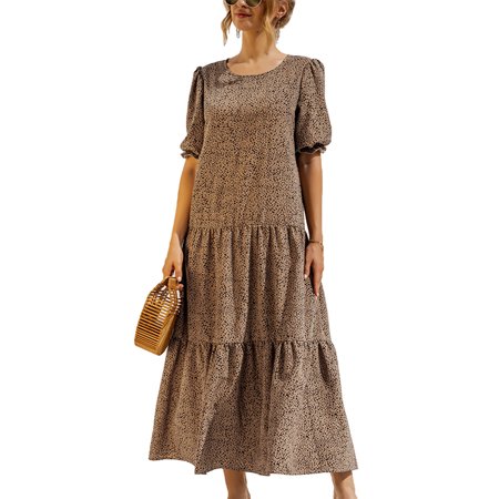 Women Summer Puff Sleeve Long Dress Scoop Neck Beach Holiday Sundress for Ladies Women Boho Kaftan Vintage Maxi Dress