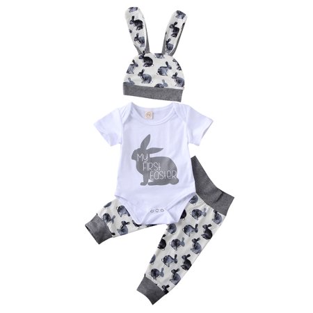 LA HIEBLA Baby O-neck Rompers Long Pants Hat Easter Rabbits Print 3PCS Set