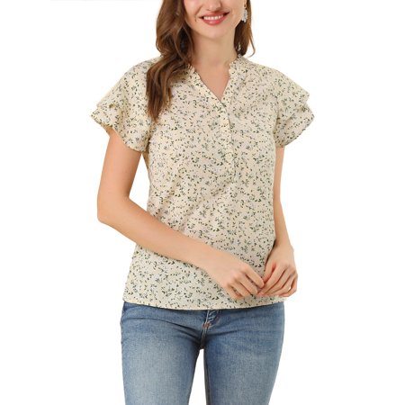 Allegra K Women S Floral V Neck Tiered Short Sleeve Button Down Summer Blouse