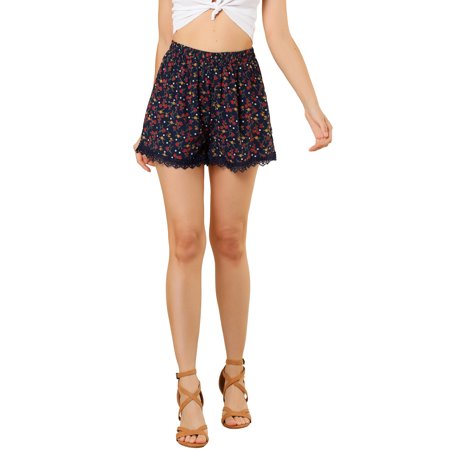 Allegra K Women S Floral Printed Lace Trim Elastic Waist Shorts