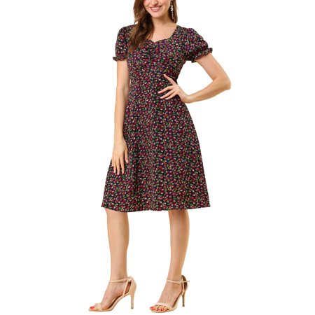 Allegra K Women S Print Casual Smock Short Sleeve Chiffon Fit and Flare Dress