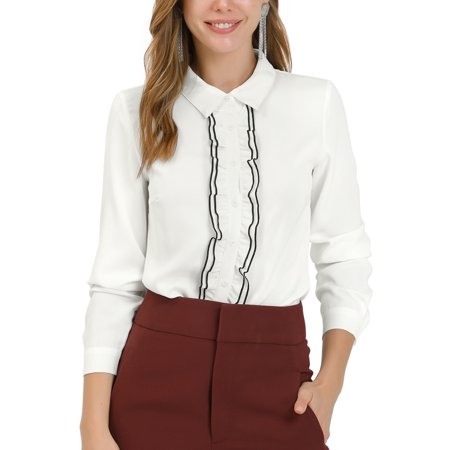 Allegra K Women S Ruffle Blouse Color Block Button up Casual Shirts