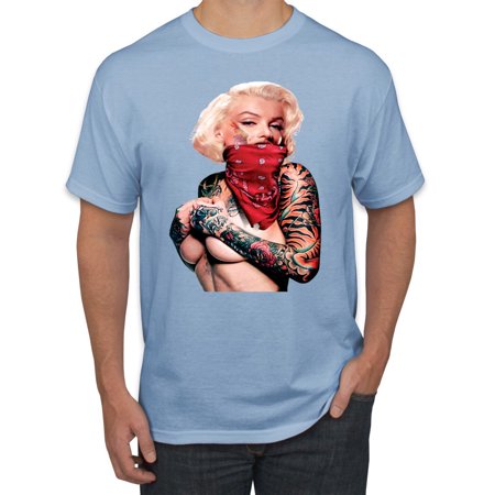 Marilyn Monroe Tattooed Face with Red Bandana  Mens Pop Culture Graphic T-Shirt, Light Blue, Small