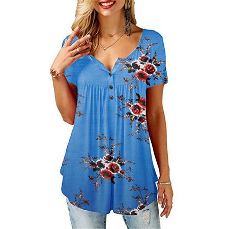 Womens V Neck Floral Tee T-shirts Short Sleeve Blouse Loose Tunic Tops Plus Size