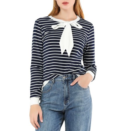 Allegra K Junior S Contrast Color Stripe Crew Neck Bow Tie Knitted Top