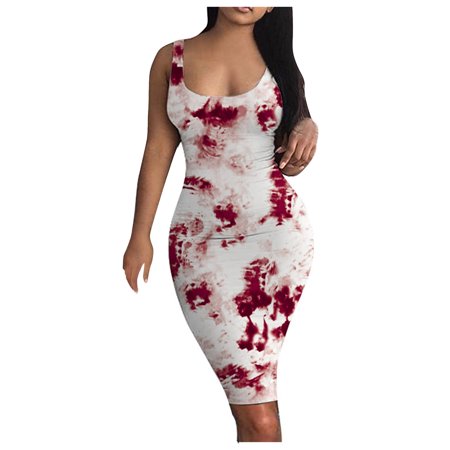 Bescita Women'S Charming Gradient Print Sleeveless Tight O-Neck Short Dress Summer Dresses