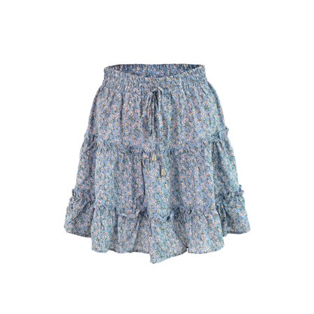 Womens Boho High Waist Elastic Ruffle Short Tiered Summer Beach Party Mini Skirt