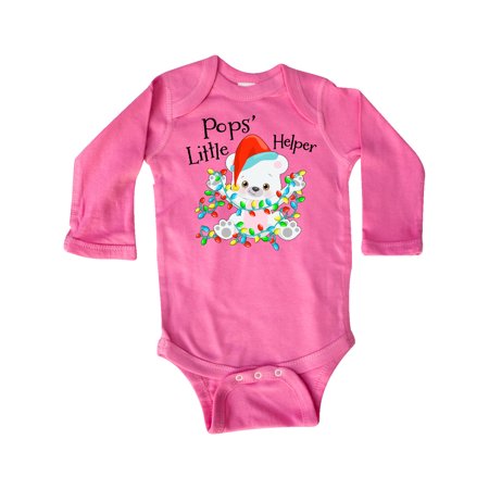 Pops' Little Helper Cute Polar Bear with Christmas Lights Long Sleeve Creeper