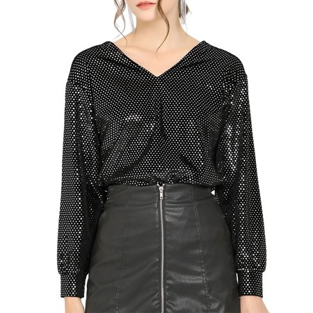 Allegra K Junior S Polka Dots Lantern Sleeve Pullover V Neck Blouse