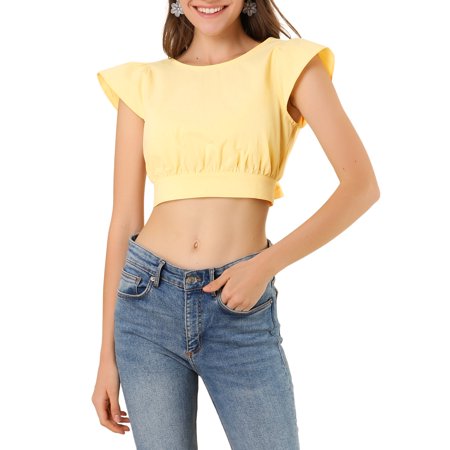 Allegra K Women S Ruched Tie Front Causal Flare Sleeve V Neck Crop Top