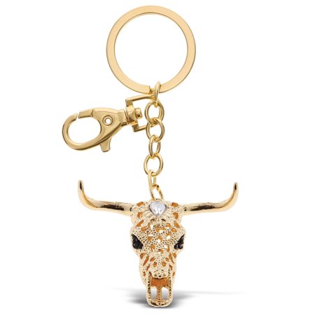 Aqua79 Longhorn Skull Keychain - Gold 3D Sparkling Charm Rhinestones Fashionable Stylish Metal Alloy Durable Key Ring Bling Crystal Jewelry Accessory 
