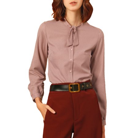 Allegra K Women S Tie Neck Stand Collar Long Sleeve Plaids Blouse Shirt